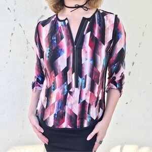 the ODELLS silk tunic top blouse rainbow colorful striped GEOMETRIC S long Aztec
